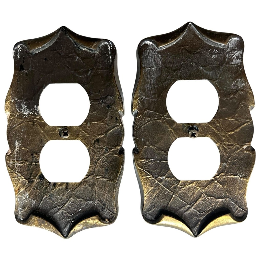 Antique VTG Amerock Brass c1970 Double Switch Plate Cover Rustic 6 in Set of 2
